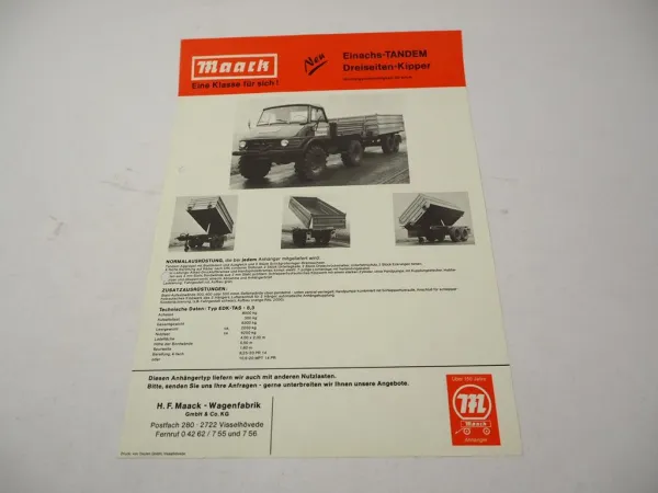 Original Prospekt Maack Einachs-Tandem Dreiseitenkipper EDK-TAS - 8,3 am Unimog