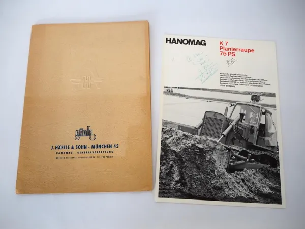 Original Prospekt Mappe Hanomag K7 Laderaupe 75 PS 1965 mit technischen Daten