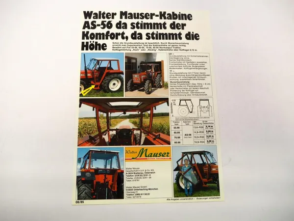 Original Prospekt Mauser AS-56 Traktorkabine an Fiat 70-66 Schlepper 1985