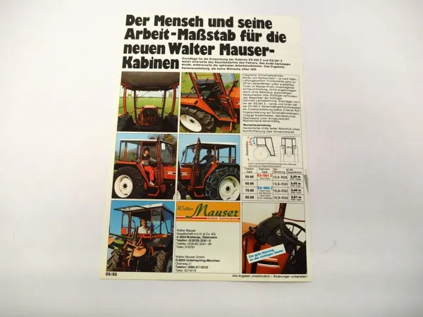Original Prospekt Mauser ES 560 561 Z Traktorkabine an Fiat 70-66 Schlepper 1985