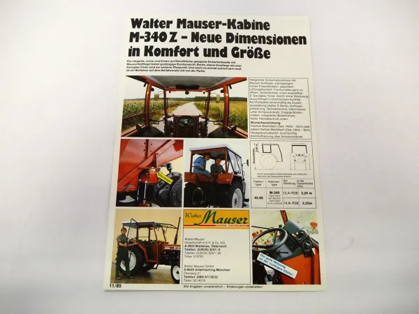 Original Prospekt Mauser M-340Z Traktorkabine an Fiat 45-66 Schlepper 1985