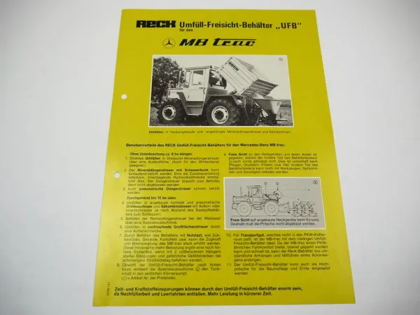 Original Prospekt Mercedes Benz MB trac 700 bis 1500 Anbaugerät 1970er Jahre