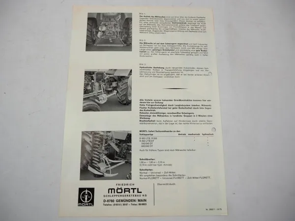 Original Prospekt Mörtl Mähwerk Florett an Fiat 415 Schlepper 1975