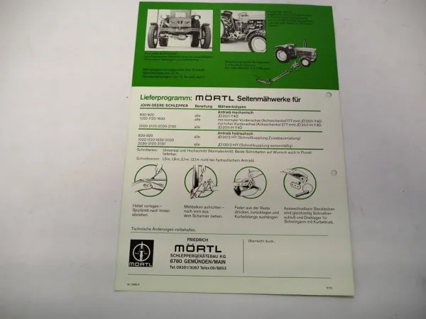 Original Prospekt Mörtl Mähwerk Florett an John Deere 920 Schlepper 1975