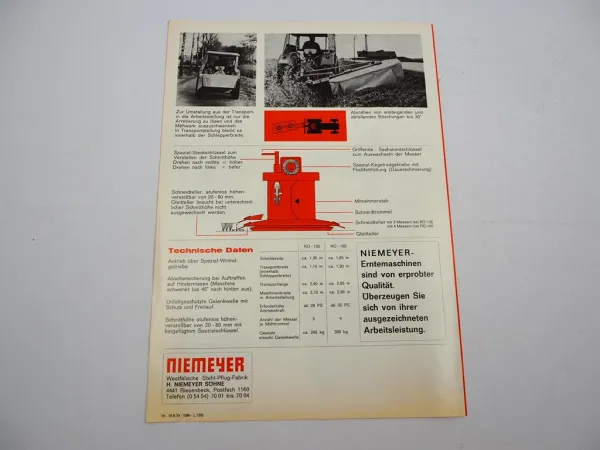 Original Prospekt Niemeyer RO 135 165 Kreisel Mähwerk 1970 mit technischen Daten