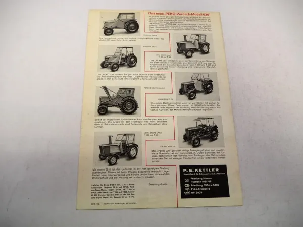 Original Prospekt Peko 030 Kabine für IHC MF Porsche Ford Schlepper 1960er Jahre