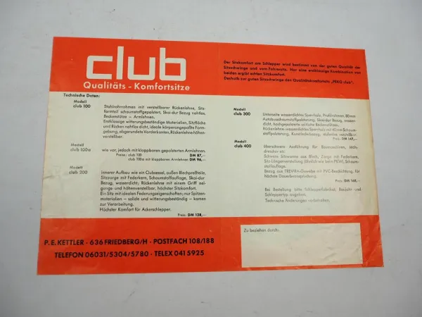 Original Prospekt Peko Club Sitz 100 bis 400 für Schlepper 1960/70er Jahre