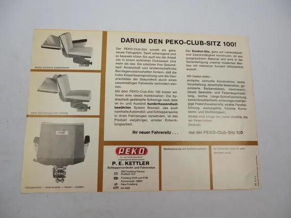 Original Prospekt Peko Club Sitz 100 für Schlepper 1960/70er Jahre