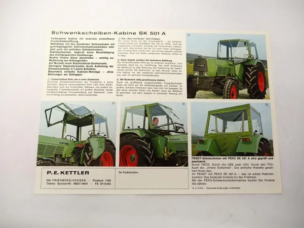 Original Prospekt Peko SK501A Traktorkabine an Fendt Farmer 1975