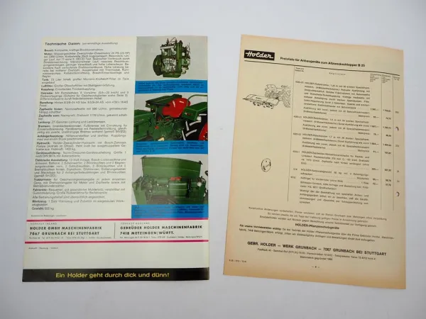 Original Prospekt Preisliste Holder B25 Diesel Schlepper mit 20 PS 1970