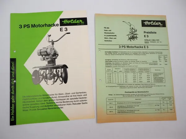 Original Prospekt Preisliste Holder E3 Motorhacke mit 3 PS 1970