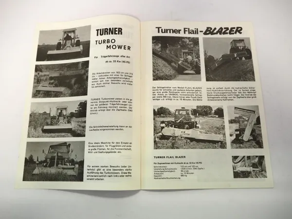 Original Prospekt Ransomes Turner Schlegelmäher an Unimog IHC MF MB-trac Intrac
