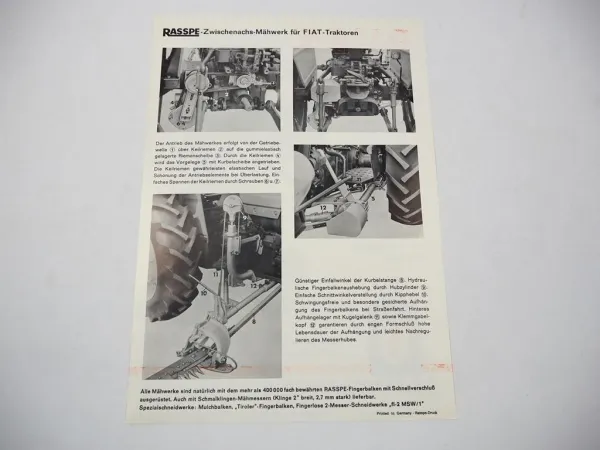 Original Prospekt Rasspe Zwischenachs Mähwerk an Fiat 450 Traktor 1975