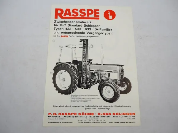 Original Prospekt Rasspe Zwischenachs Mähwerk für 433 533 633 IHC Traktoren 1976