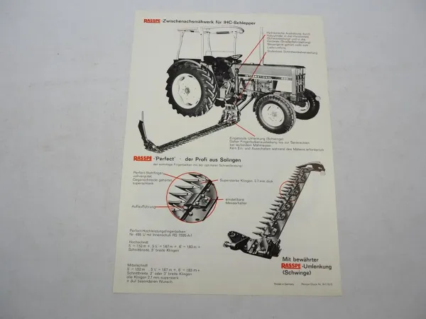 Original Prospekt Rasspe Zwischenachs Mähwerk für 433 533 633 IHC Traktoren 1976