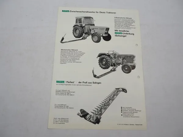 Original Prospekt Rasspe Zwischenachs Mähwerk für Deutz Traktoren 1975