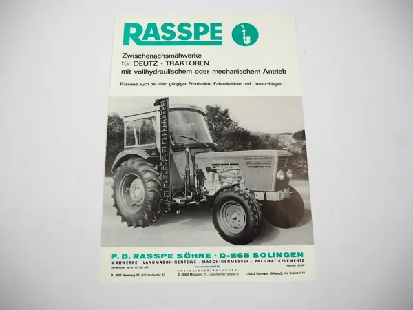 Original Prospekt Rasspe Zwischenachs Mähwerk für Deutz Traktoren 1977
