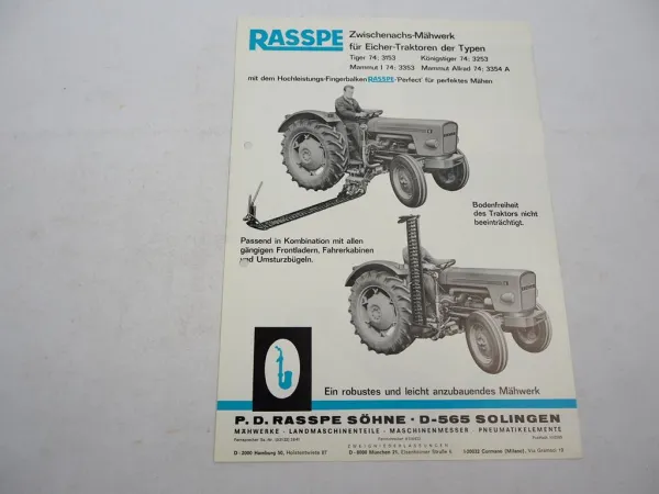 Original Prospekt Rasspe Zwischenachs Mähwerk für Eicher Traktoren 1975