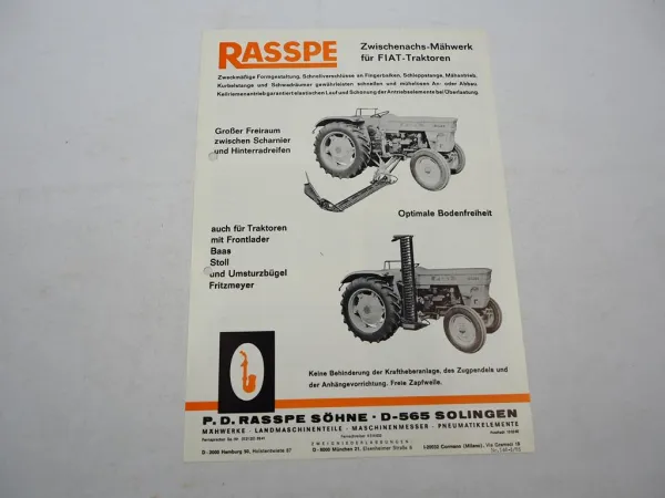 Original Prospekt Rasspe Zwischenachs Mähwerk für Fiat Traktoren 1975