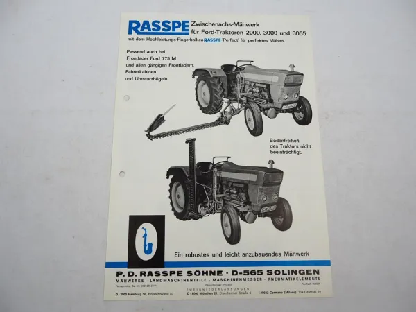 Original Prospekt Rasspe Zwischenachs Mähwerk für Ford Traktoren 1975