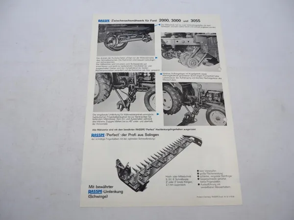 Original Prospekt Rasspe Zwischenachs Mähwerk für Ford Traktoren 1975