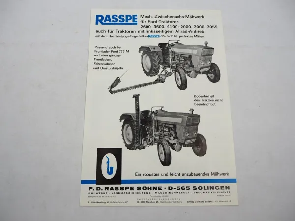 Original Prospekt Rasspe Zwischenachs Mähwerk für Ford Traktoren 1976