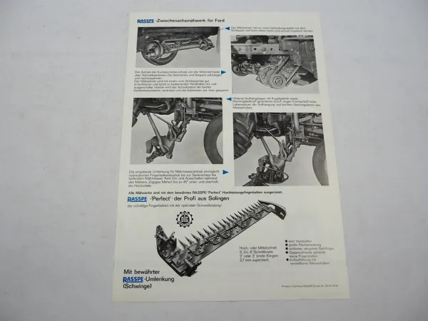 Original Prospekt Rasspe Zwischenachs Mähwerk für Ford Traktoren 1976