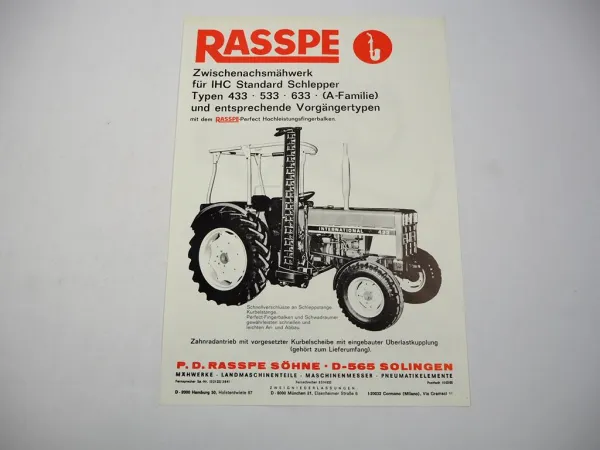 Original Prospekt Rasspe Zwischenachs Mähwerk für IHC Standard Schlepper 1976