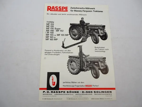 Original Prospekt Rasspe Zwischenachs Mähwerk für Massey Ferguson Traktoren 1975