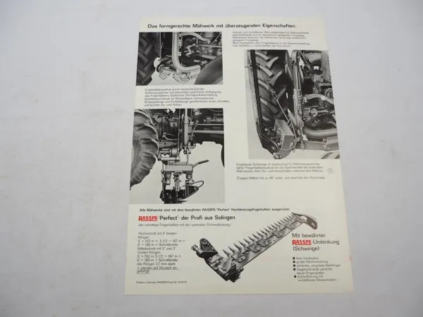 Original Prospekt Rasspe Zwischenachs Mähwerk für Massey Ferguson Traktoren 1975