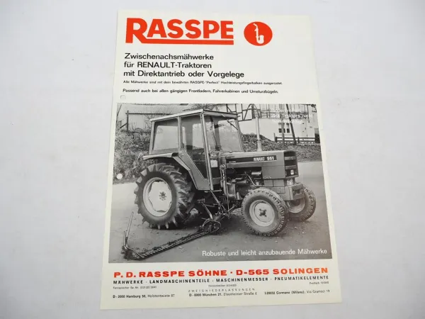 Original Prospekt Rasspe Zwischenachs Mähwerk für Renault Traktoren 1975