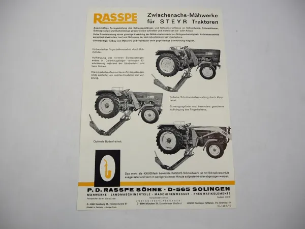 Original Prospekt Rasspe Zwischenachs Mähwerk für Steyr 30 40 50 Traktoren 1975