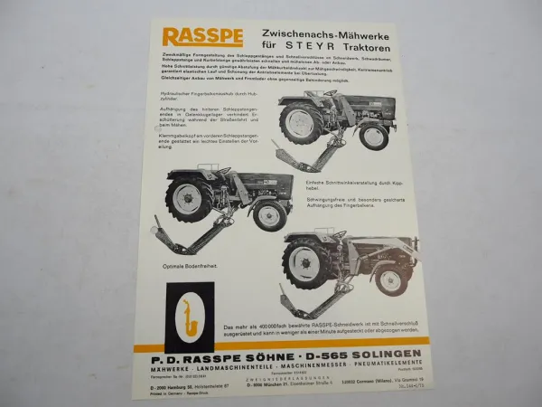 Original Prospekt Rasspe Zwischenachs Mähwerk für Steyr Traktoren 1975