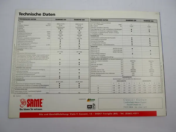 Original Prospekt Same Diamond 230 260 Schlepper 10/1999 mit technischen Daten