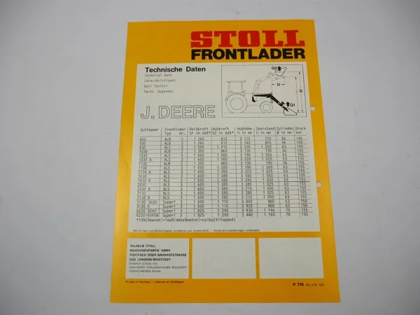 Original Prospekt Stoll Frontlader ALN ALS Super1 an John Deere Schlepper 1978