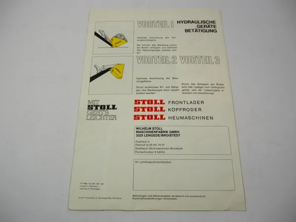 Original Prospekt Stoll Frontlader ALN ALS Super1 an Schlüter Fiat Fendt 1970er