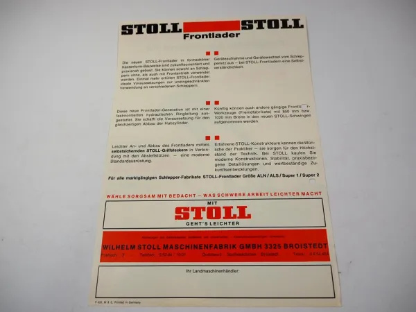 Original Prospekt Stoll Frontlader Generation 73 am IHC Schlepper ca. 1970er J.