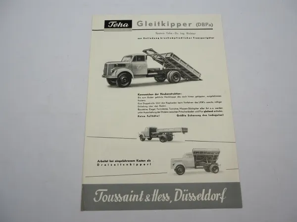 Original Prospekt Teha Toussaint & Hess Gleitkipper auf Borgward B4500 ca. 1955