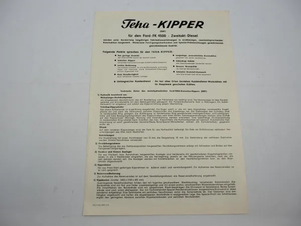 Original Prospekt Teha Toussaint & Hess Kipper auf Ford FK4500 LKW 1956
