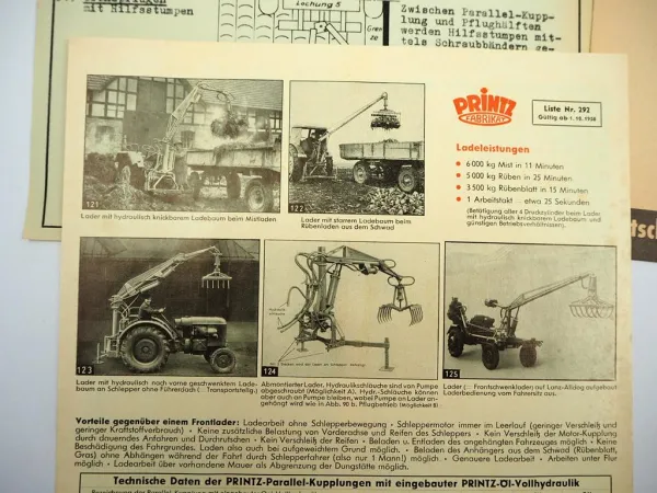 Original Prospekt Testbericht Printz Hydraulik für Schlepper 1950er Jahre