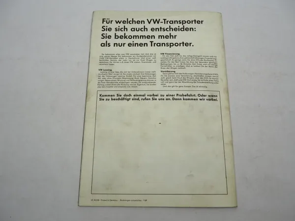 Original Prospekt VW T2 Transporter Bus Kastenwagen Pritschenwagen 1969