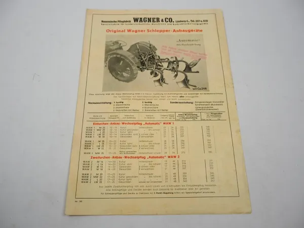 Original Prospekt Wagner & Co. Limburg Schlepper Anbaugeräte ca. 1950er Jahre
