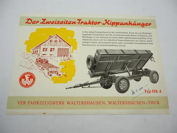 Original Prospekt Waltershausen HK4 Kippanhänger für Traktor 1956 DDR