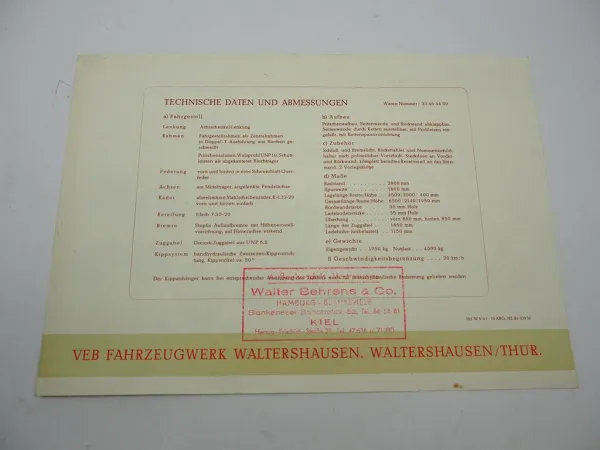 Original Prospekt Waltershausen HK4 Kippanhänger für Traktor 1956 DDR