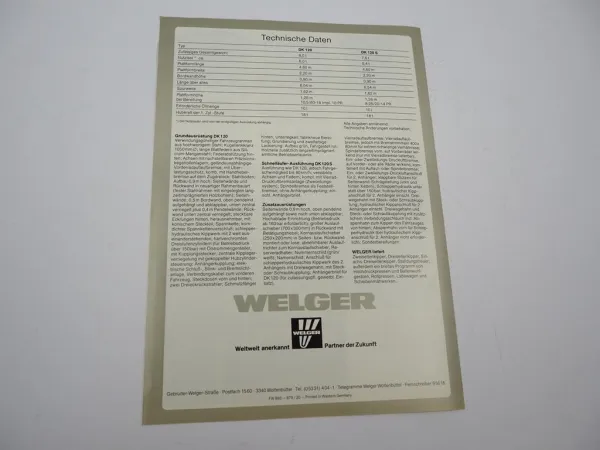 Original Prospekt Welger DK 120 120S Dreiseitenkipper 1979 mit technischen Daten