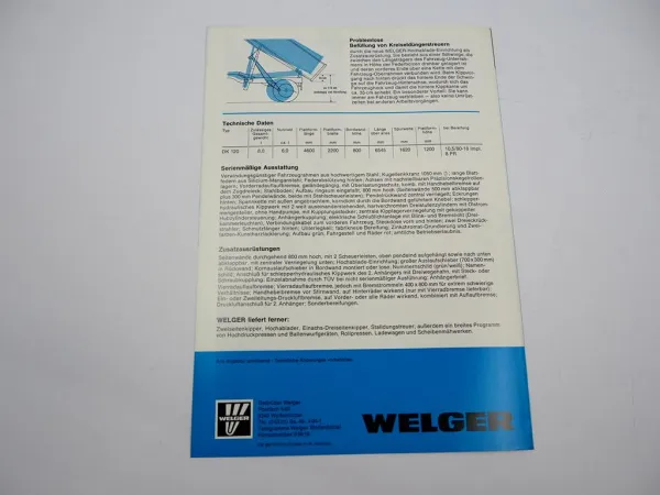 Original Prospekt Welger DK120 Dreiseitenkipper 1977 mit technischen Daten