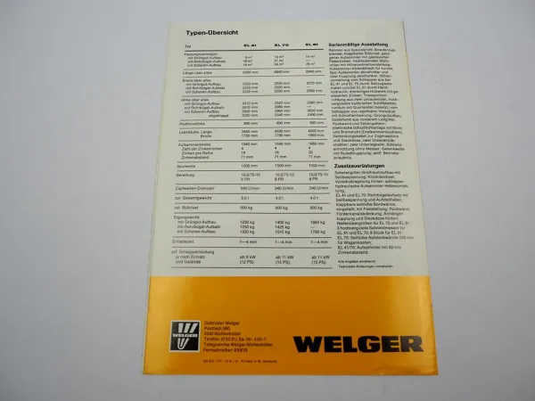 Original Prospekt Welger EL 41 70 81 Ladewagen 1977 mit technischen Daten