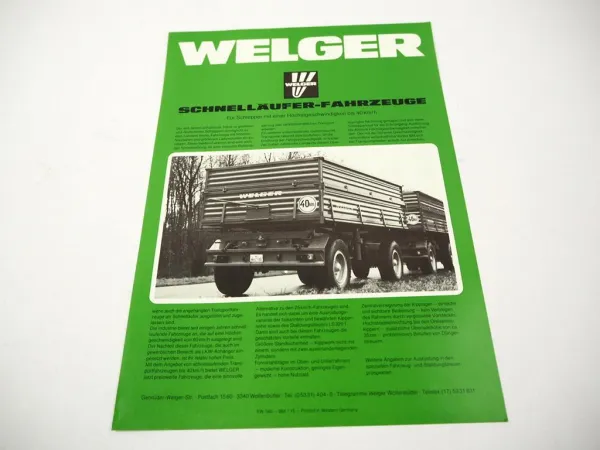 Original Prospekt Welger Schnelläufer Fahrzeuge Anhänger für Schlepper 1984