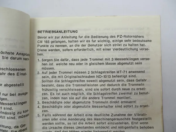 Original PZ Zweegers CM165 Rotormäher Betriebsanleitung Ersatzteilliste