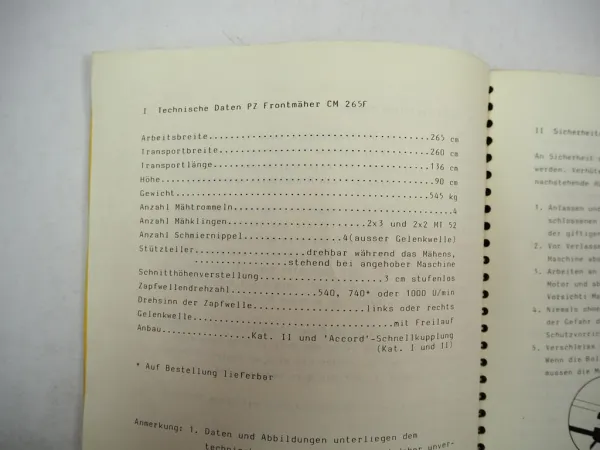 Original PZ Zweegers CM265F Frontmäher Betriebsanleitung Ersatzteilliste 1985